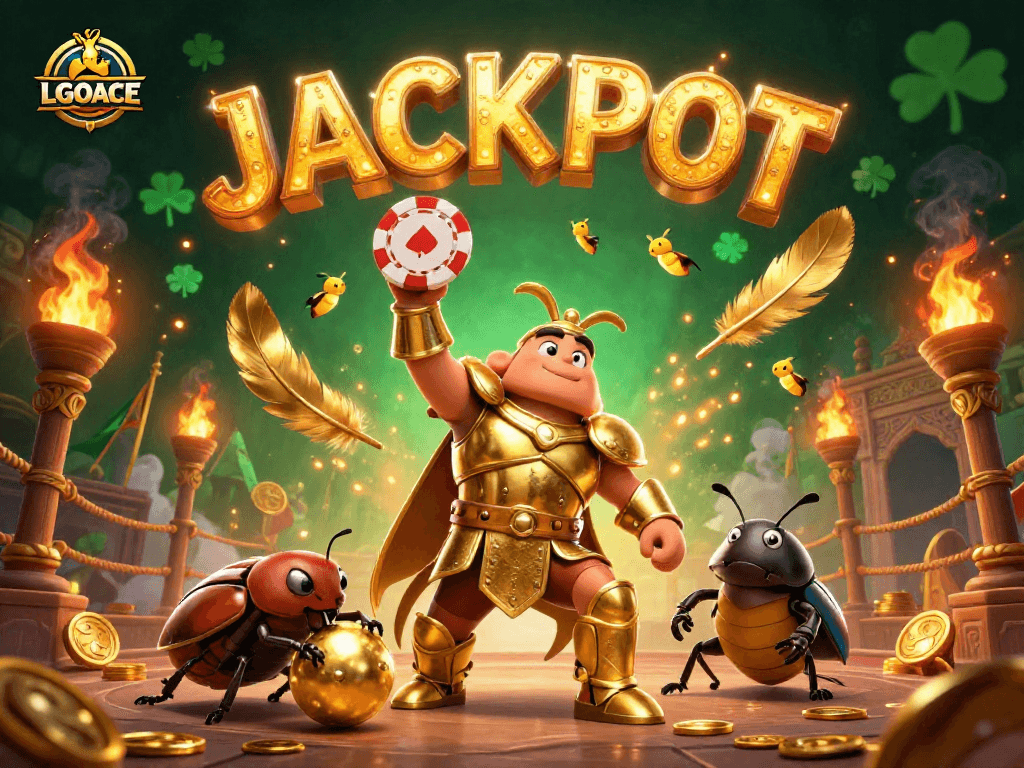 Join the LGOACE winning moment as beetles celebrate with poker chips and jackpot vibes.