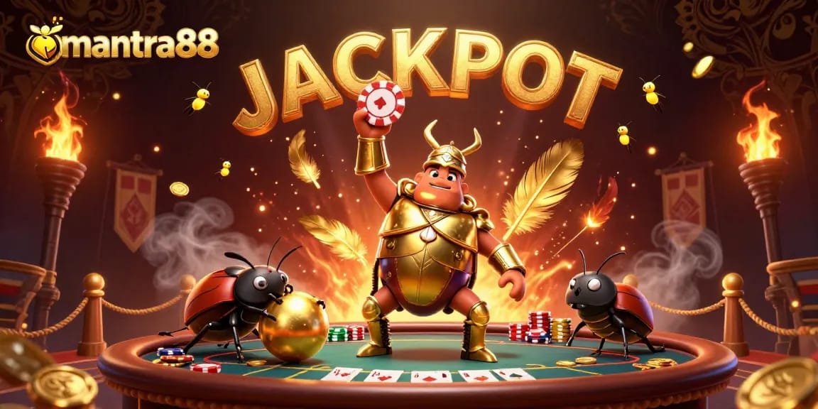 Experience the excitement of mantra88 as the beetle mascot lifts a poker chip in celebration.