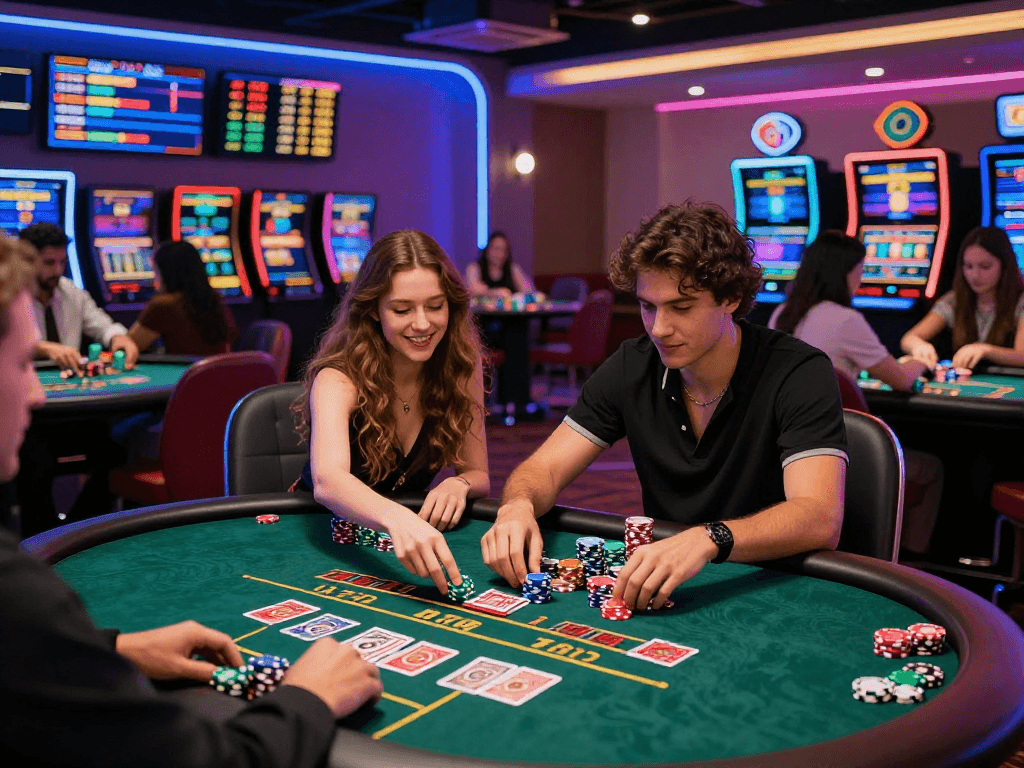 exciting crypto casino scene with players celebrating wins at poker tables and vibrant lighting