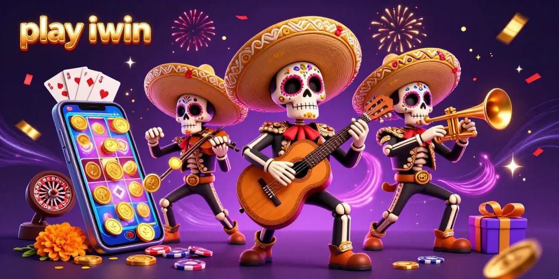 Play iwin in a lively mariachi-themed 3D casino illustration with festive elements and games.