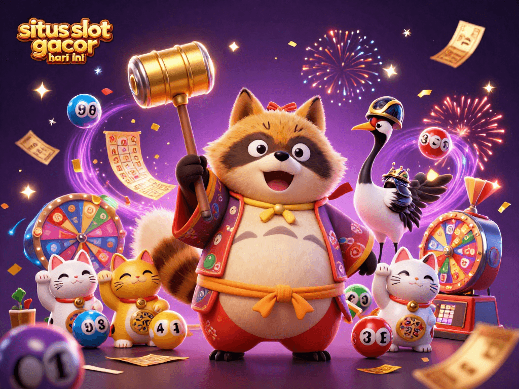 situs slot gacor hari ini showcases a lively scene with a tanuki and maneki-neko celebrating casino wins.