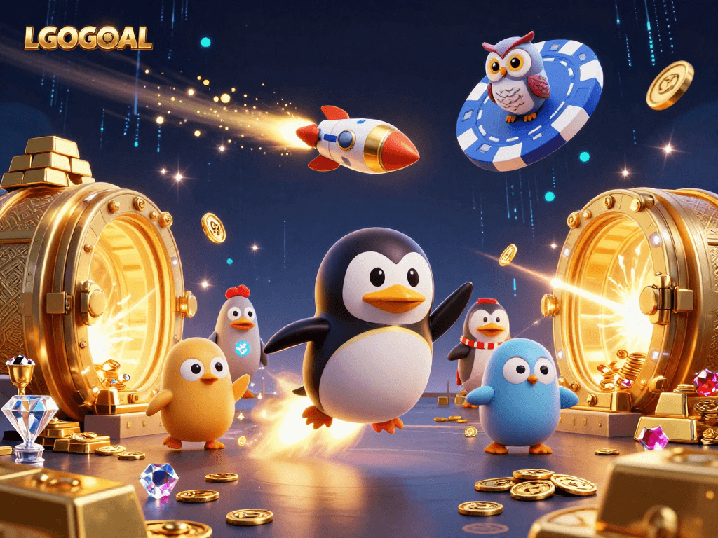 Win big with LGOGOAL as a golden penguin races through a casino-themed galaxy!
