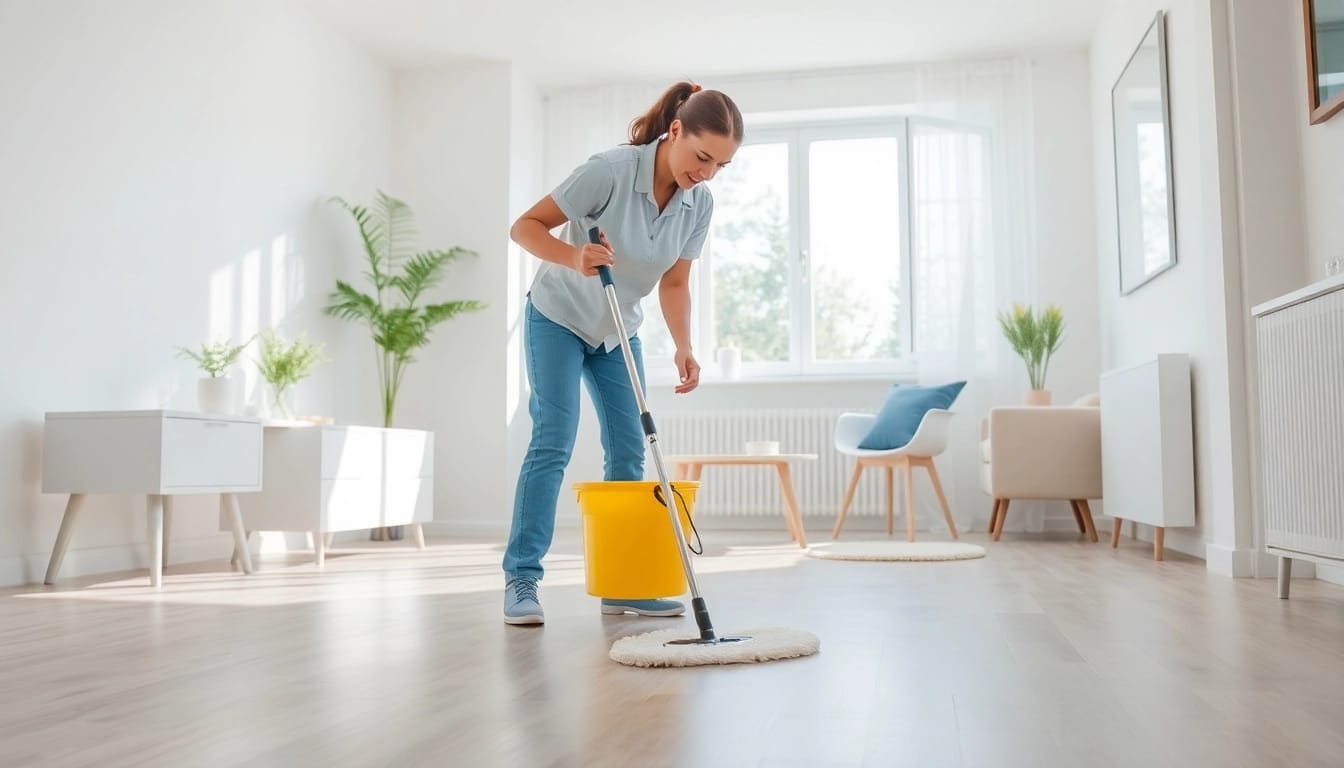 Bond cleaning in progress with a cleaner scrubbing floors in a bright, tidy room.