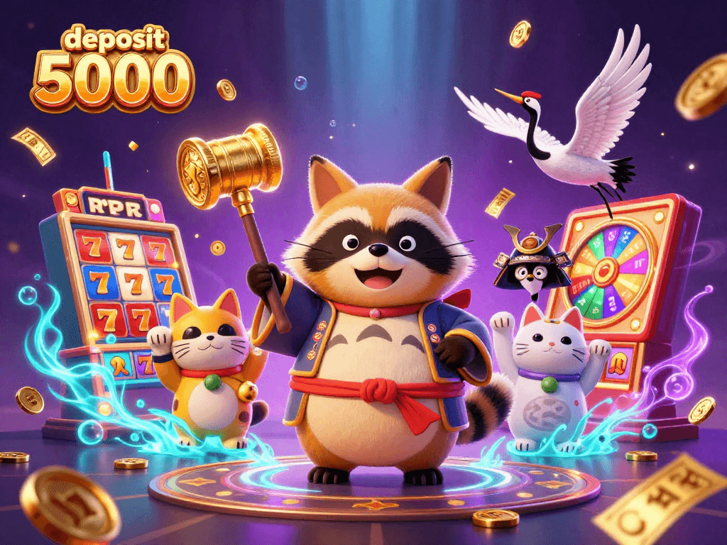 Experience the excitement of deposit 5000 with a colorful scene of a cheerful tanuki, crane, and fortune cats amidst vibrant slot elements and lottery action.