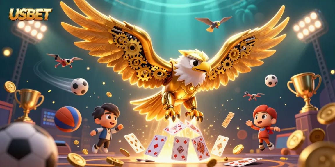 Experience thrilling sports betting dynamics with USBET's sensational 3D casino illustration featuring an eagle and sports elements.