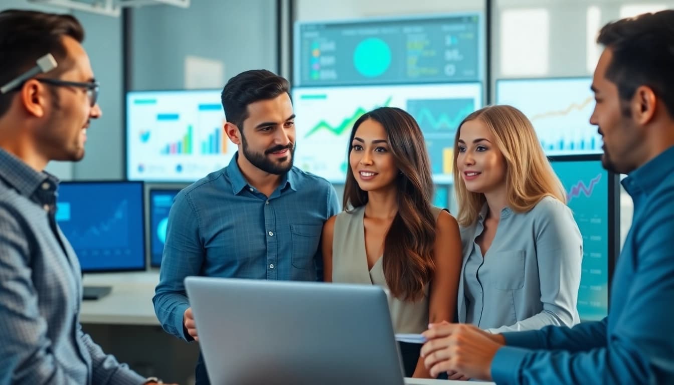 Collaborative scene featuring Shopify experts discussing eCommerce strategies in a modern office.