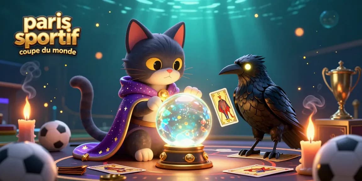 Pariez sur la coupe du monde avec un chat mystique et des éléments sportifs animés.