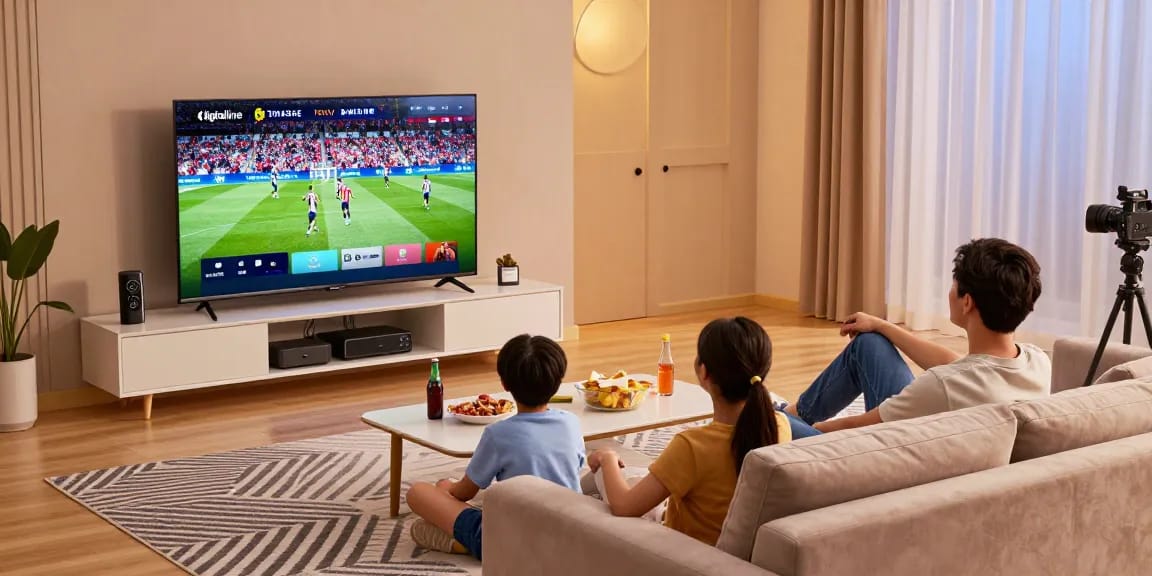 Family enjoying a movie night with digitaline iptv subscription on a smart TV in a cozy living room.