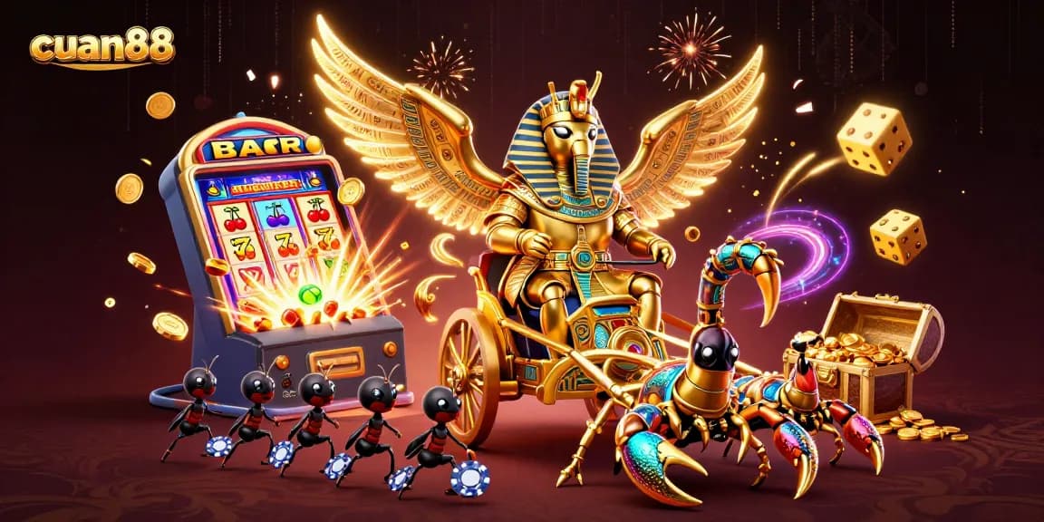 Gambarlah kemenangan cuan88 dengan ilustrasi kasino, termasuk jackpot dan simbol slot.