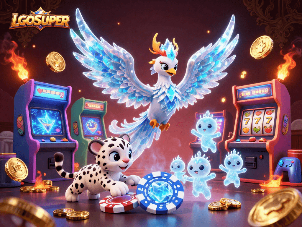 Experience the unique energy of LGOSUPER with an ice phoenix and vibrant gaming elements.
