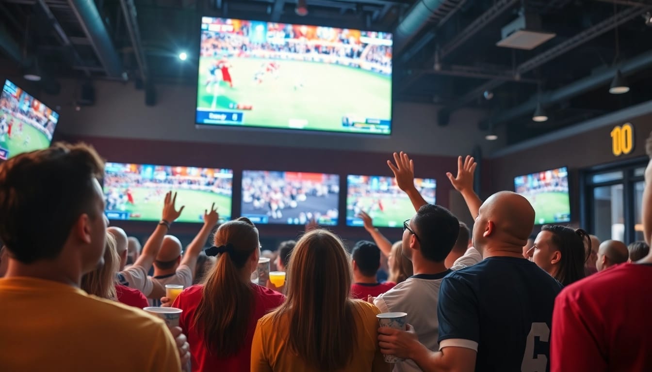 Menyaksikan bolakami secara langsung di bar olahraga yang ramai dan penuh warna.
