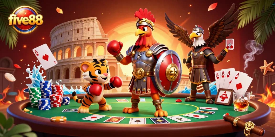 five88 shows a cartoon gladiator rooster in a vibrant poker scene, surrounded by colorful chips and cards.