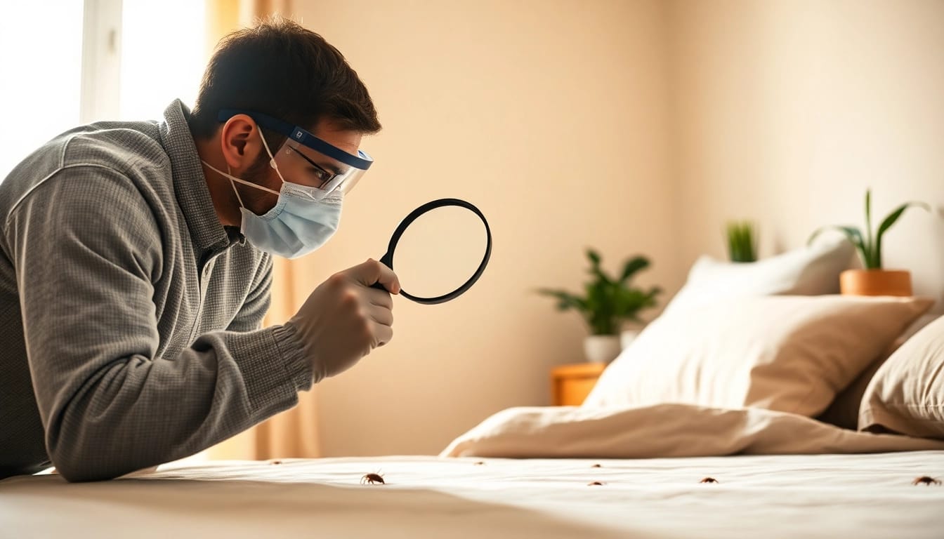 bed bug exterminator inspecting a bedroom for infestations