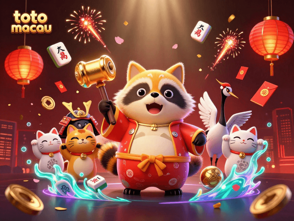 This vibrant scene captures a tanuki in traditional attire celebrating toto macau with lucky charms.