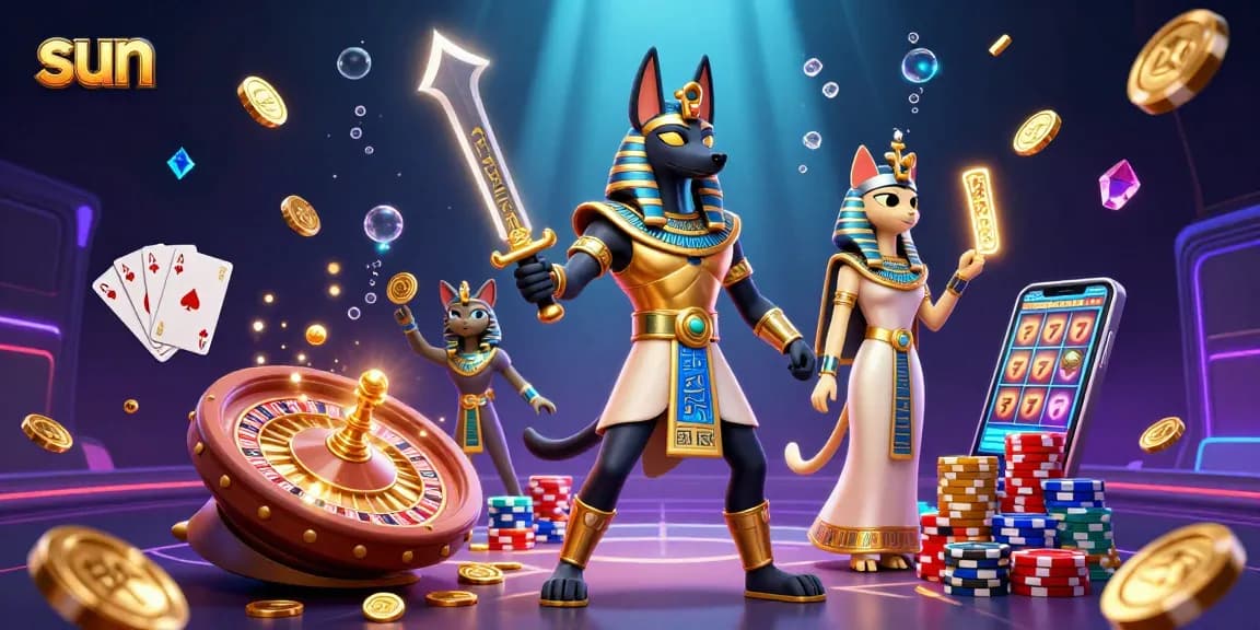 Experience the thrill of sun-themed casino games with Anubis and Bastet amidst vibrant visuals.