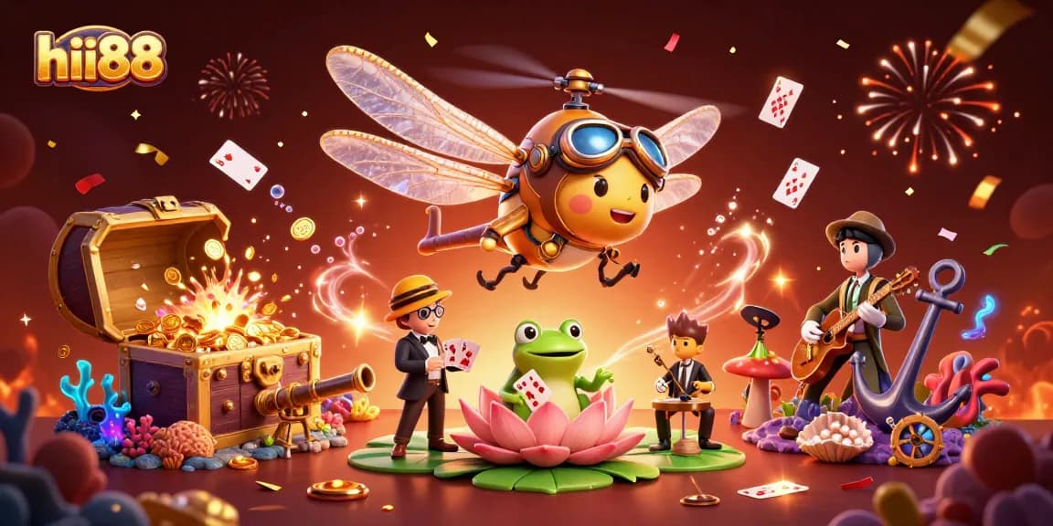 Experience thrilling wins at hii88 with a captivating illustration featuring a dragonfly pilot and frog dealer.