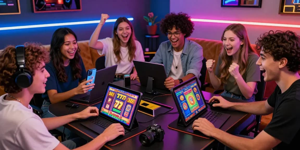 Exciting gaming scene with players enjoying 777 slots on various devices in a vibrant setting.