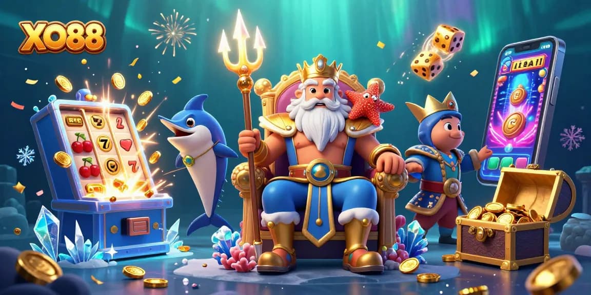 Experience the excitement of casino gaming with XO88's vibrant underwater scene filled with jackpots and treasures.