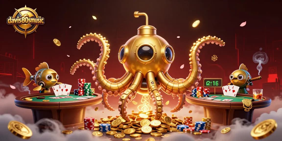 davis80smusic showcases a vibrant casino scene featuring a golden kraken and poker elements.