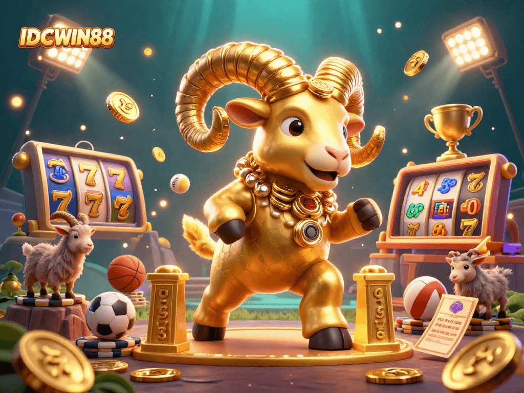Experience thrilling gameplay at IDCWIN88 with vibrant slot reels and energetic sports elements.