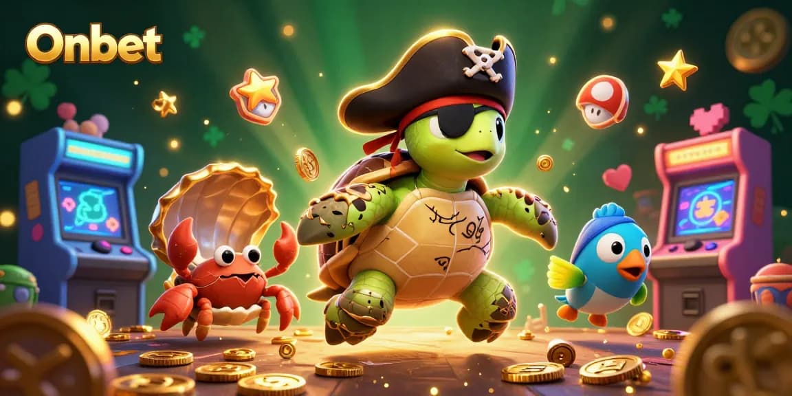 Win big with Onbet as 3D characters celebrate around treasure in a vibrant casino.