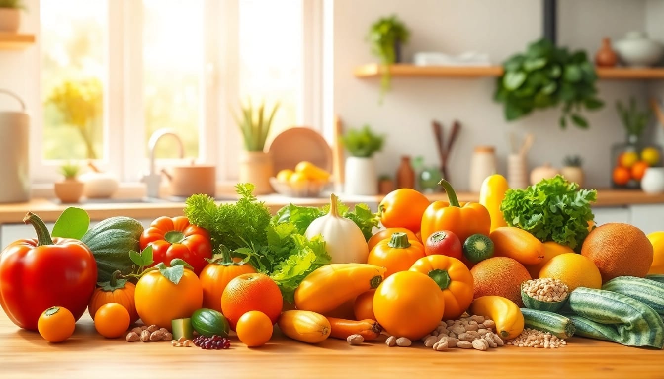 Fresh table layout showcasing a fertility diet with vibrant fruits and vegetables, encouraging healthy eating.