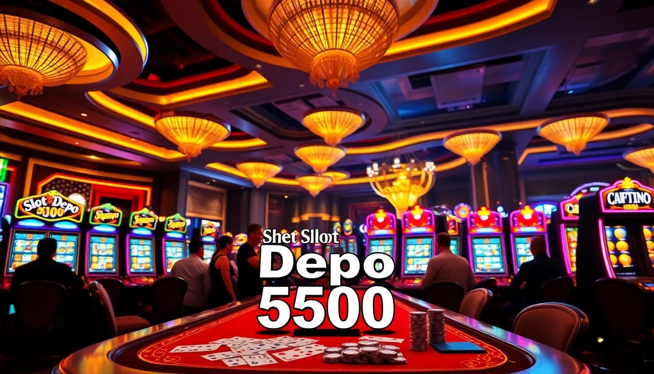 Menangkan Slot Depo 5000 di meja permainan kasino yang ramai dan berwarna-warni.