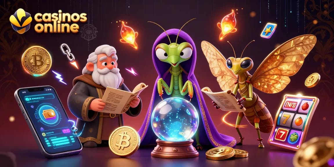 Disfruta de los casinos online con esta vibrante ilustración 3D que muestra una mantis y una polilla con elementos de juego.