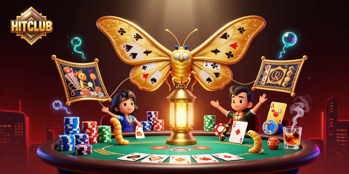 Engage with HITCLUB's animated casino scene featuring a vibrant moth and poker tableau.