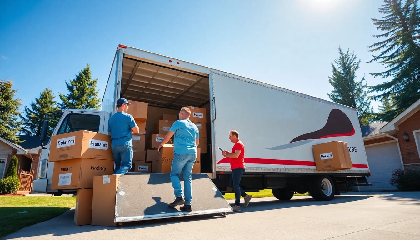 Engaged moving services edmonton team efficiently loading a truck in a sunny residential setting.