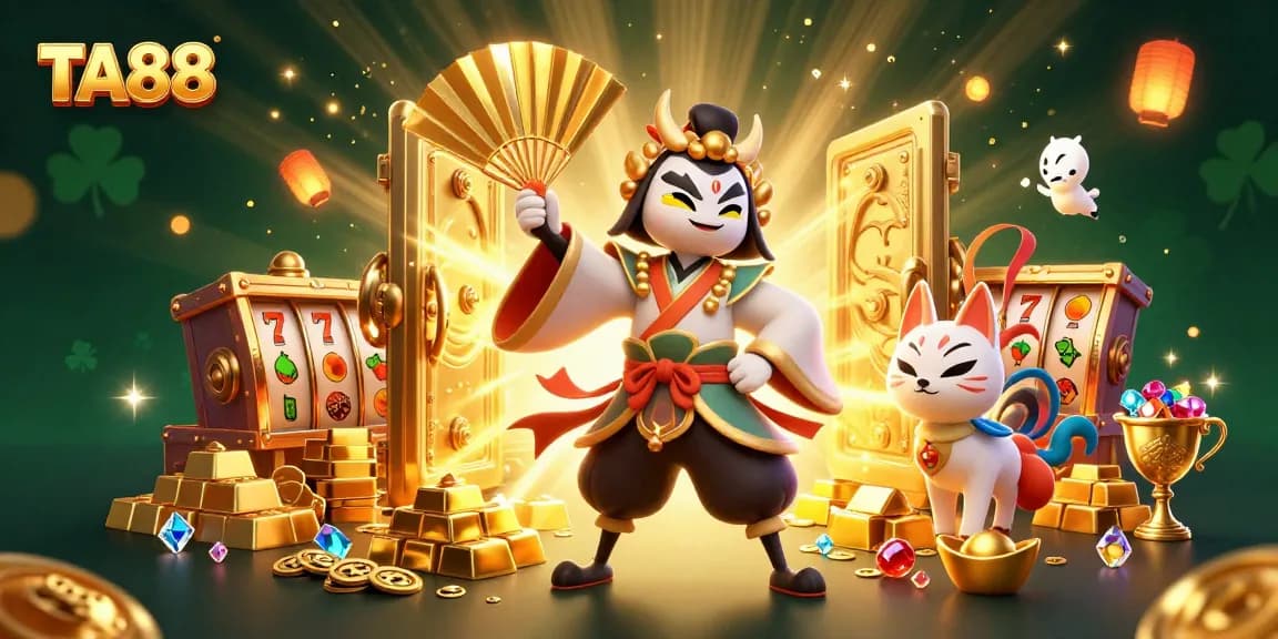 TA88 features an energetic scene with kabuki warrior and kitsune mask amidst slot game symbols and treasures.