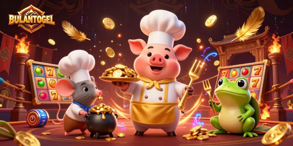 BULANTOGEL showcases a lively casino scene featuring a chef pig and a mouse, surrounded by slot elements and gold coins.