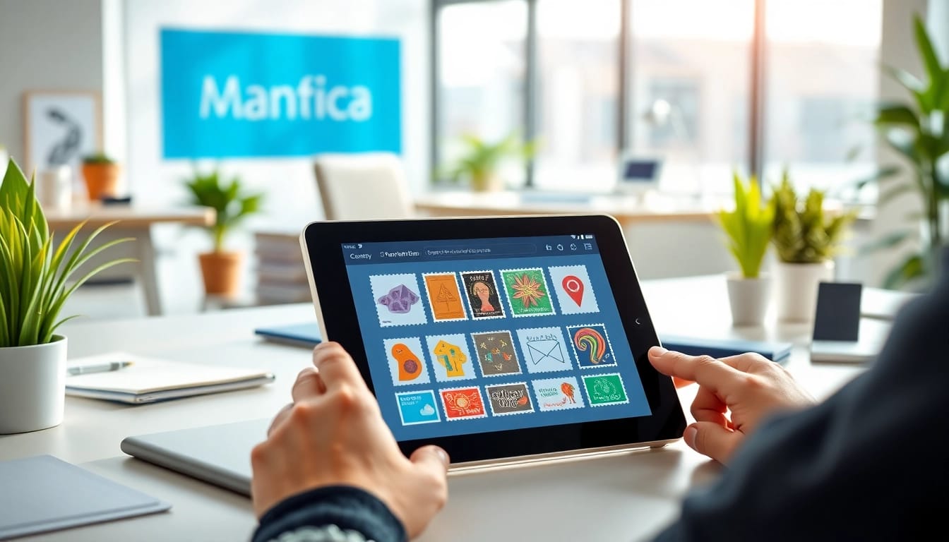 Create digital stamp cards with a professional tablet in a bright office setting.