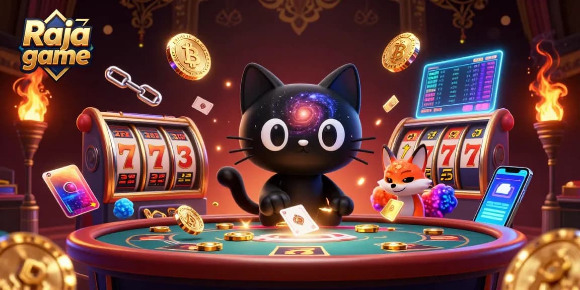 Engage with the Raja game experience at a cosmic casino table filled with slot reels and gold coins.