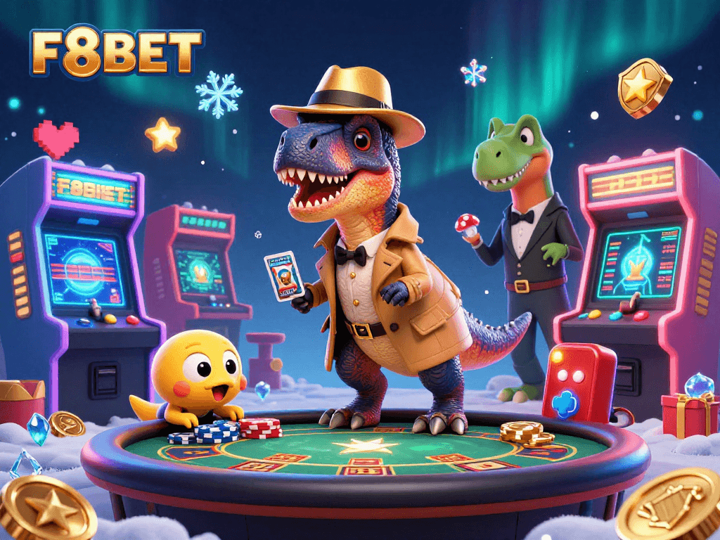 F8BET delights players with 3D cartoon velociraptor countering cards at a vibrant casino table.