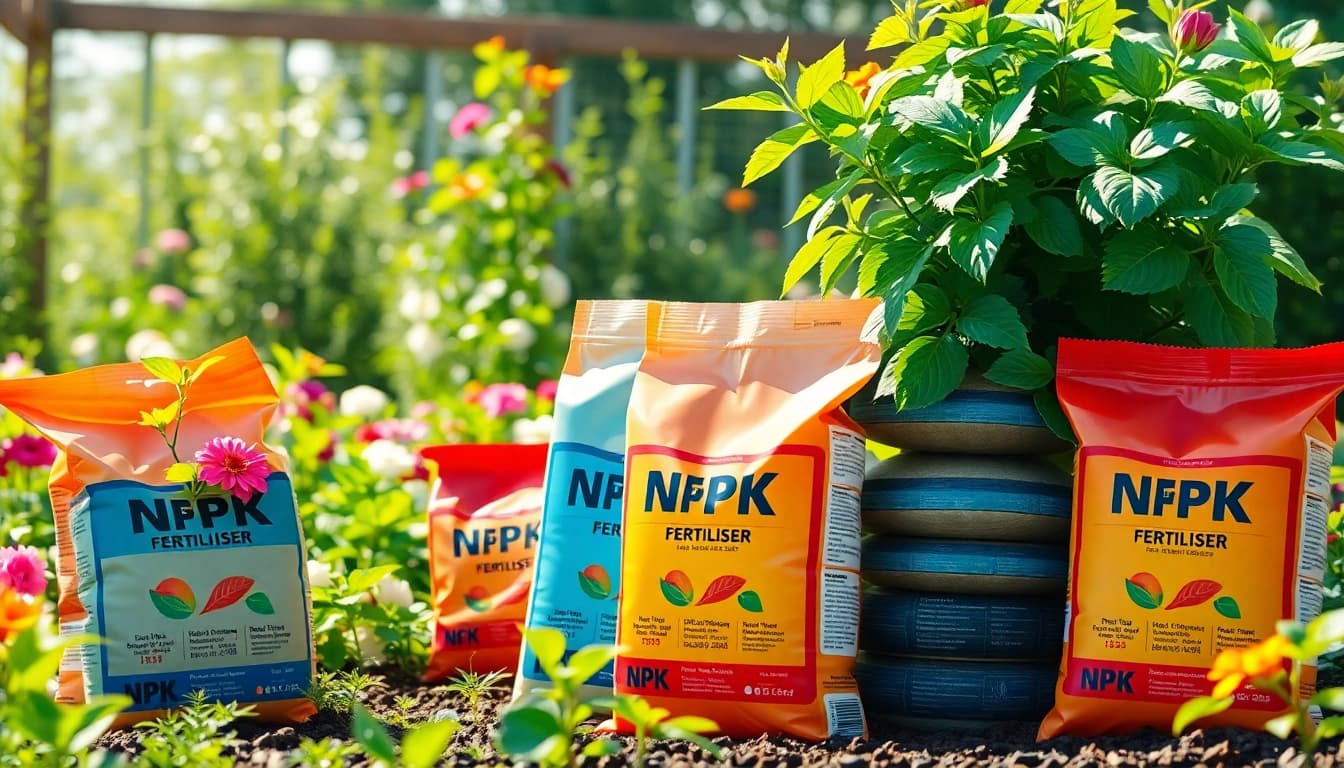 NPK Fertiliser bags among flourishing plants in a sunny garden.