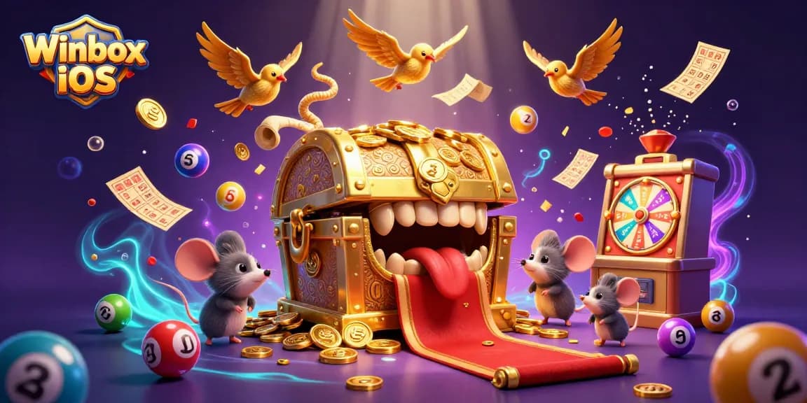 Winbox iOS app graphic showcasing dynamic lottery elements and 3D characters in a casino atmosphere.