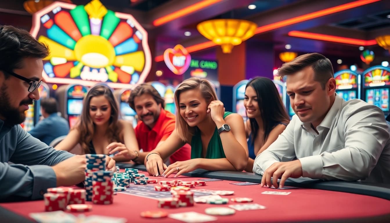 Daftar pgbet pada permainan poker yang ramai di kasino, dengan pemain fokus dan chip yang berkilau.