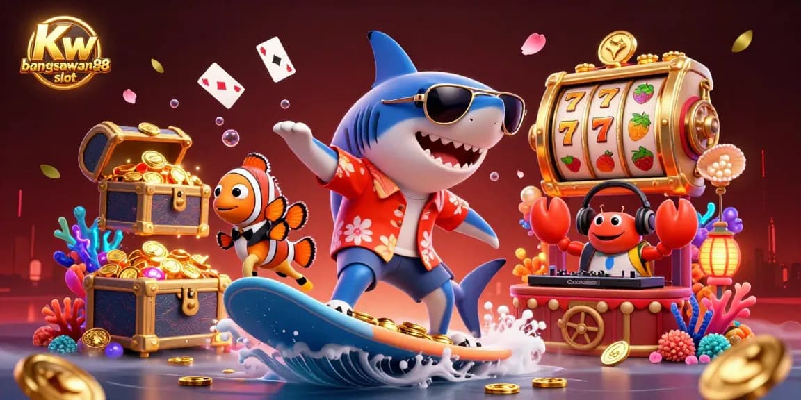 Experience thrilling spins with the Kw bangsawan88 slot as a shark surfs on gold coins, surrounded by casino elements.