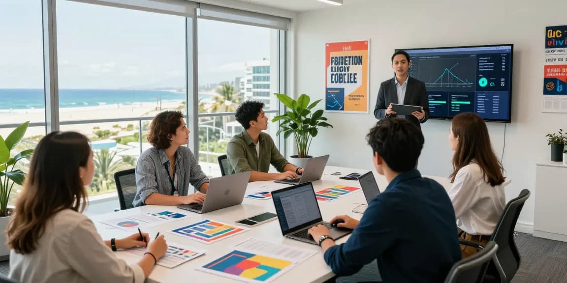 Marketing Agency Gold Coast team collaborating creatively in modern workspace