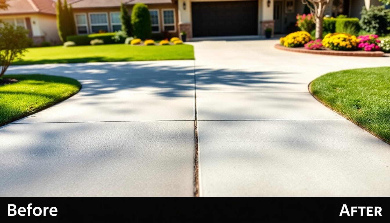 Driveway cleaning service restoring shine to a concrete driveway with before-and-after effects.