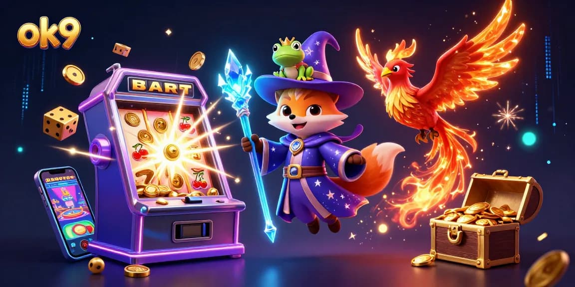 Experience thrilling wins at ok9 with a magical scene featuring a wizard, phoenix, and slot machine bursting with coins.