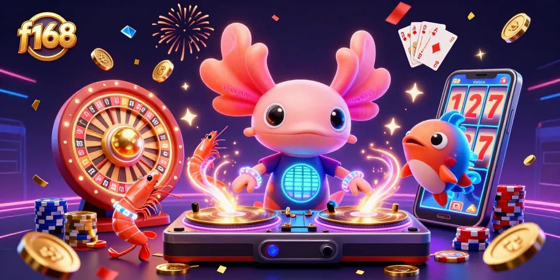 Experience the vibrant action at f168 with a neon axolotl DJ and lively casino atmosphere.