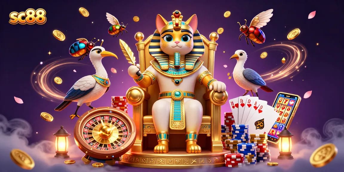 Experience the thrill of sc88 with a vibrant 3D illustration of a pharaoh cat in a casino setting.