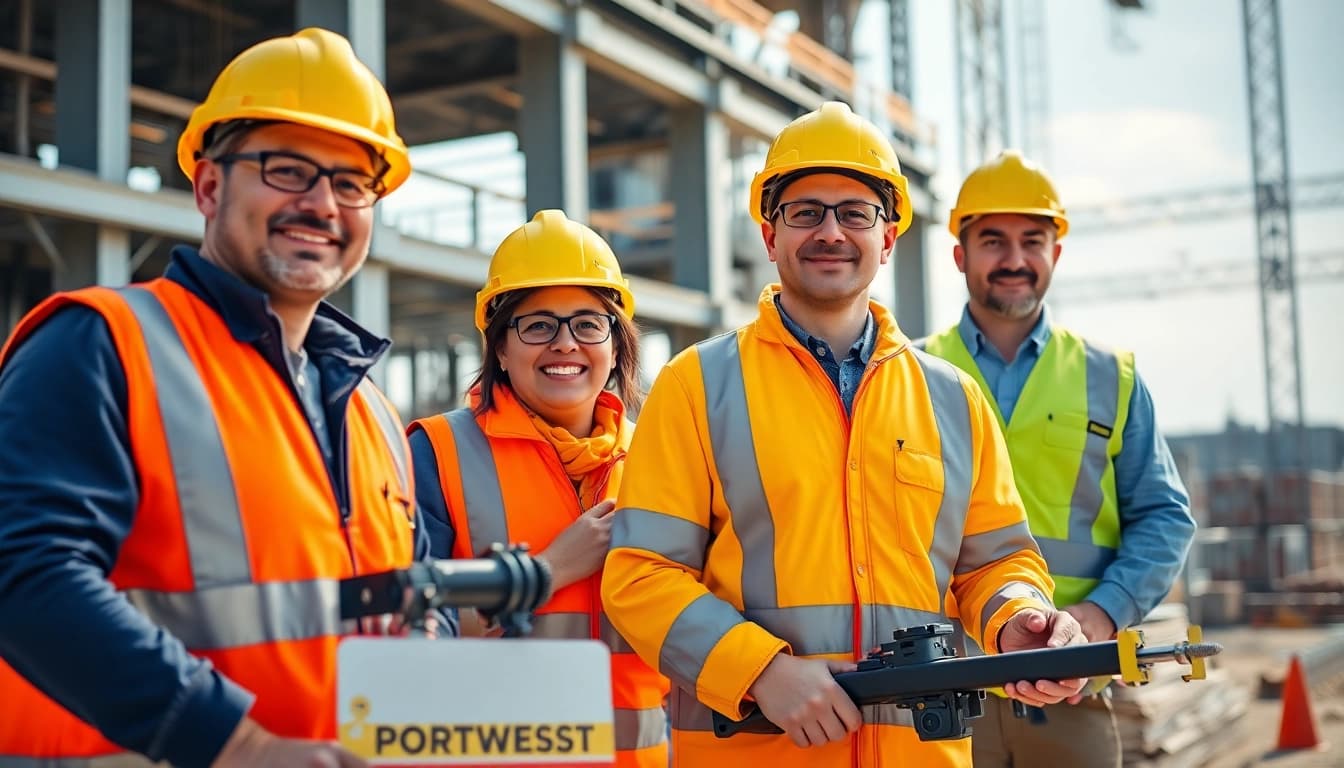 Portwest España workers demonstrating safety features in high-visibility clothing at a construction site.