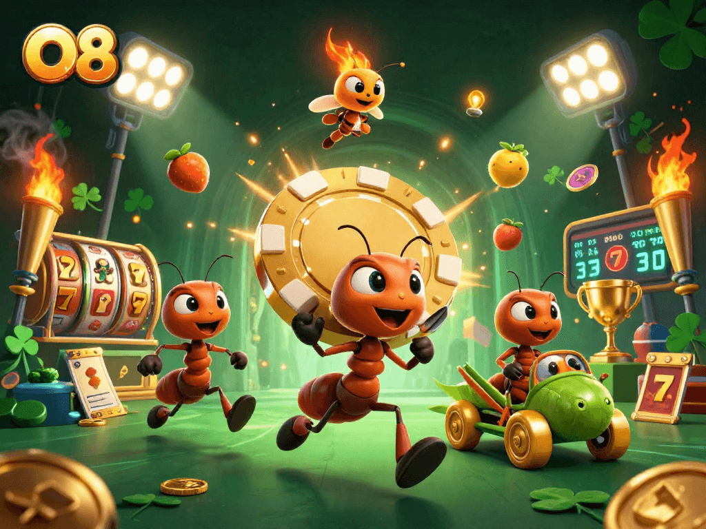 Catch the excitement at O8 where a team of 3D cartoon ants steals a golden poker chip amidst dynamic gaming elements.