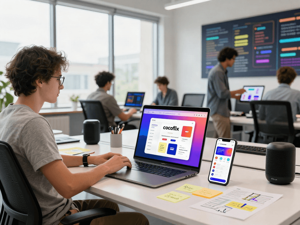 Developer working on the cocoflix app interface in a modern workspace.