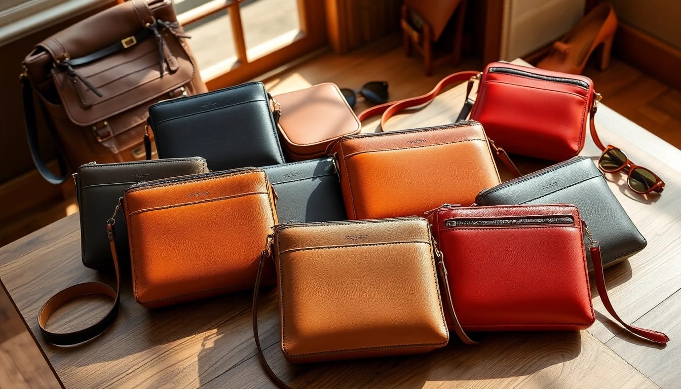 Showcase montana west crossbody purses on a stylish wooden table with natural lighting.