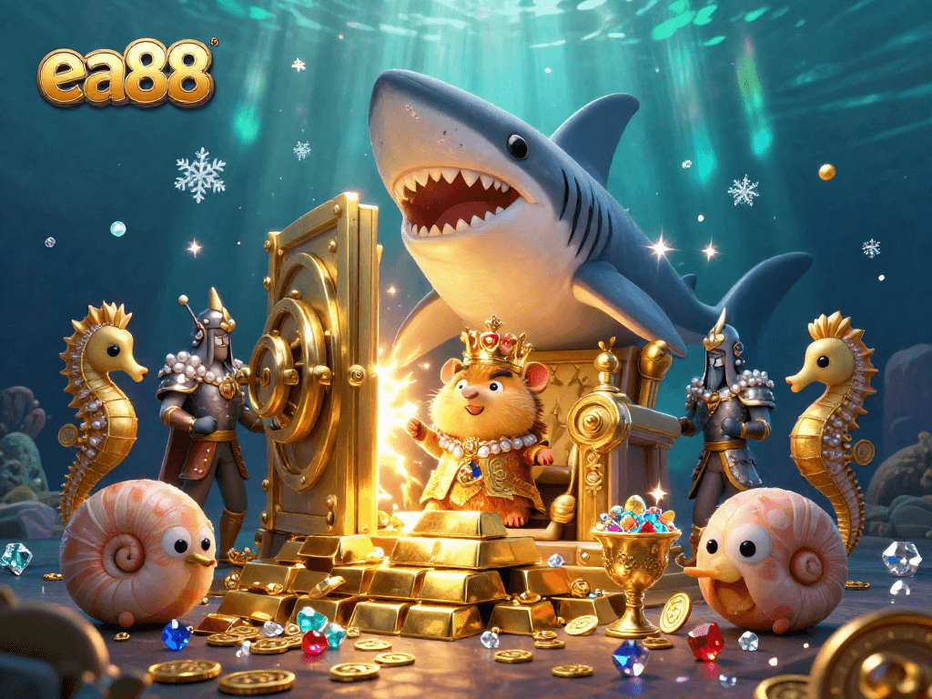 Experience epic wins at ea88 with a golden hamster king amid treasures and royal seahorses in a vibrant casino scene.