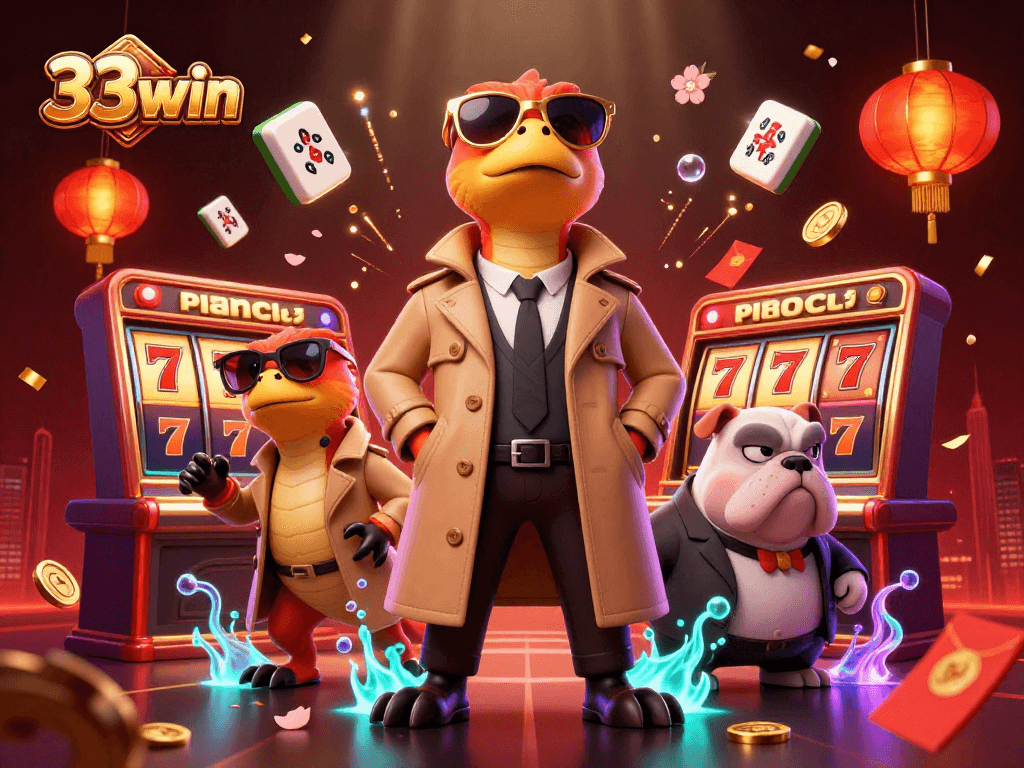 Experience 33win with raptors in a trench coat at a vibrant casino lounge, playful and fun.